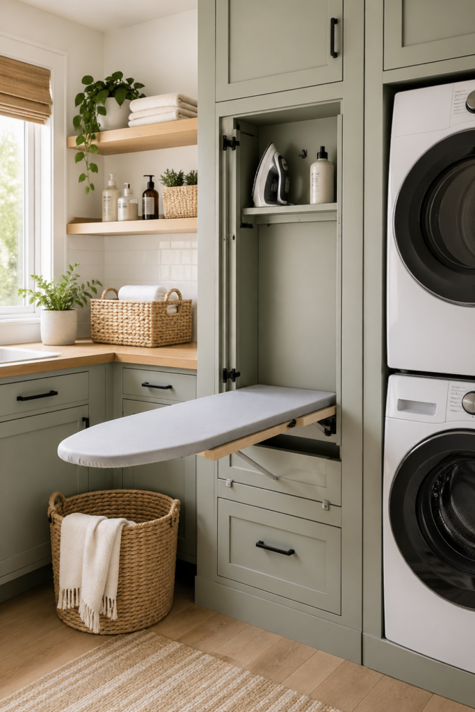 A small laundry room with a wall-mounted folding ironing board folded down, a modern iron on it, shelves with laundry supplies, and a washing machine and dryer.