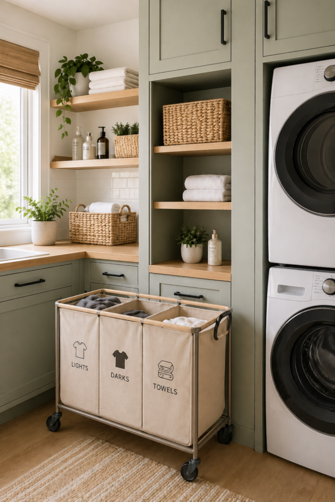A small laundry room with a rolling laundry cart next to a washing machine and dryer, featuring organized laundry supplies and folded towels.