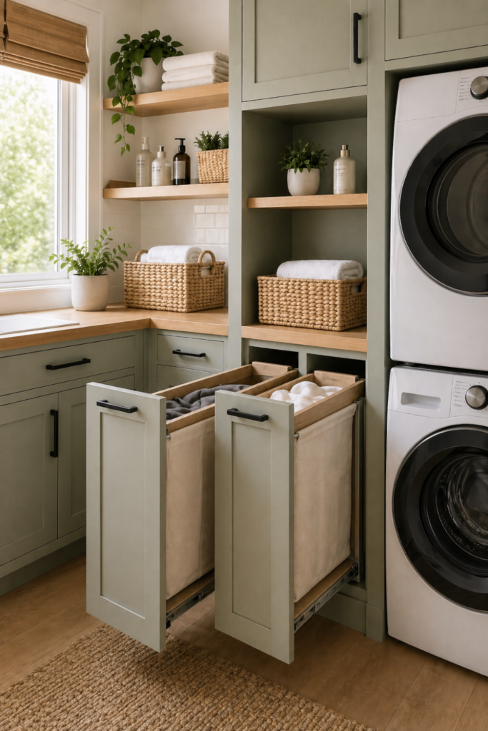 A small laundry room with slim pull-out hampers integrated into cabinetry, showing an organized and tidy space with laundry supplies and natural light.