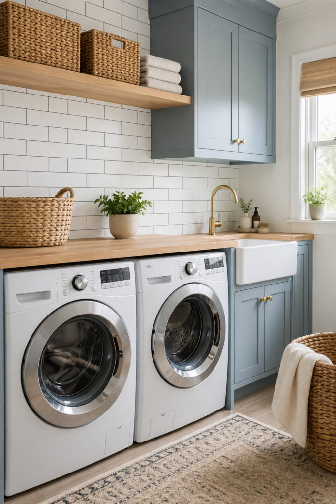 A person installing white peel-and-stick subway tile backsplash in a small laundry room with washer, dryer, and shelves.