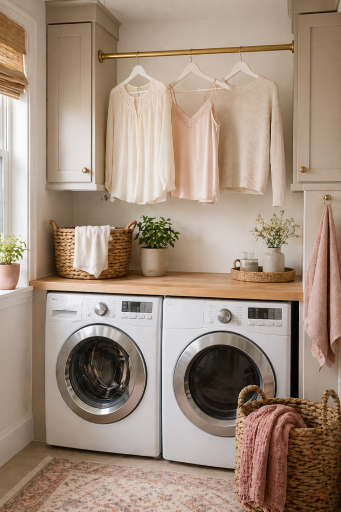 Small laundry room with a tension rod installed for air-drying delicate clothes hanging on wooden hangers.