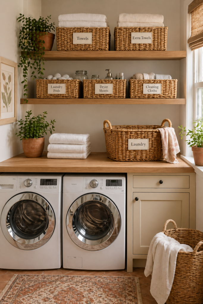 A small laundry room with wicker baskets on shelves, containing folded laundry and household items, next to modern laundry appliances.