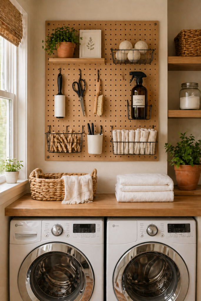 A small laundry room with a pegboard wall storage holding tools and supplies above a countertop with folded laundry and a laundry basket.