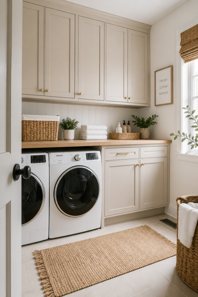 Small laundry room with light-colored painted cabinets, washer and dryer, and natural light coming through a window.