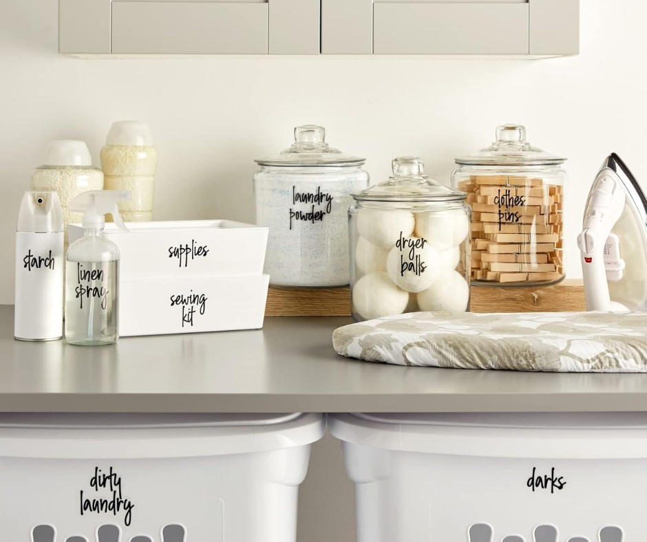 Laundry Labels for Jars & Containers - 141 Count, White Vinyl, Modern Script - Laundry Room Organization