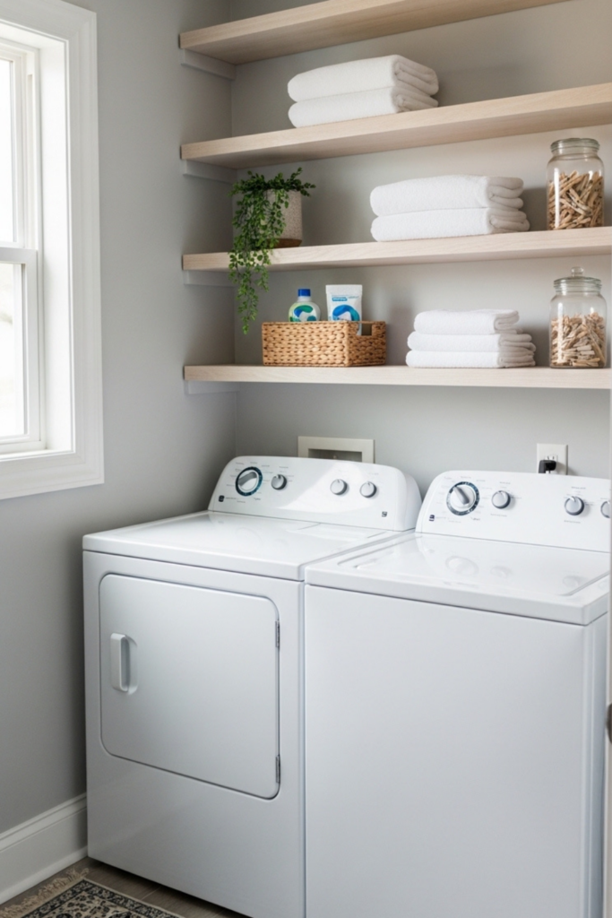 Floating shelves are usually the fastest way to make a small laundry room feel bigger and more organized.
