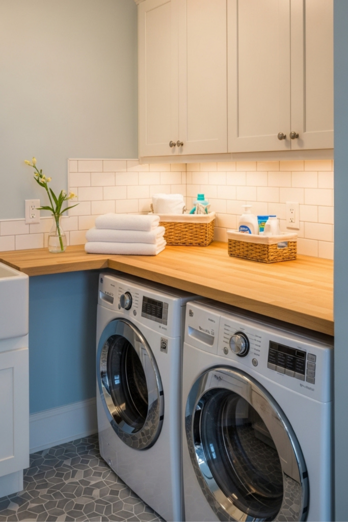 A washer and dryer countertop makes the room feel more finished and gives you a useful work surface every single week.

