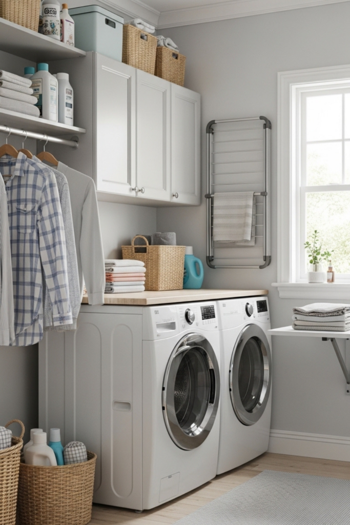 Wall-mounted pieces help the room stay usable without always looking crowded.