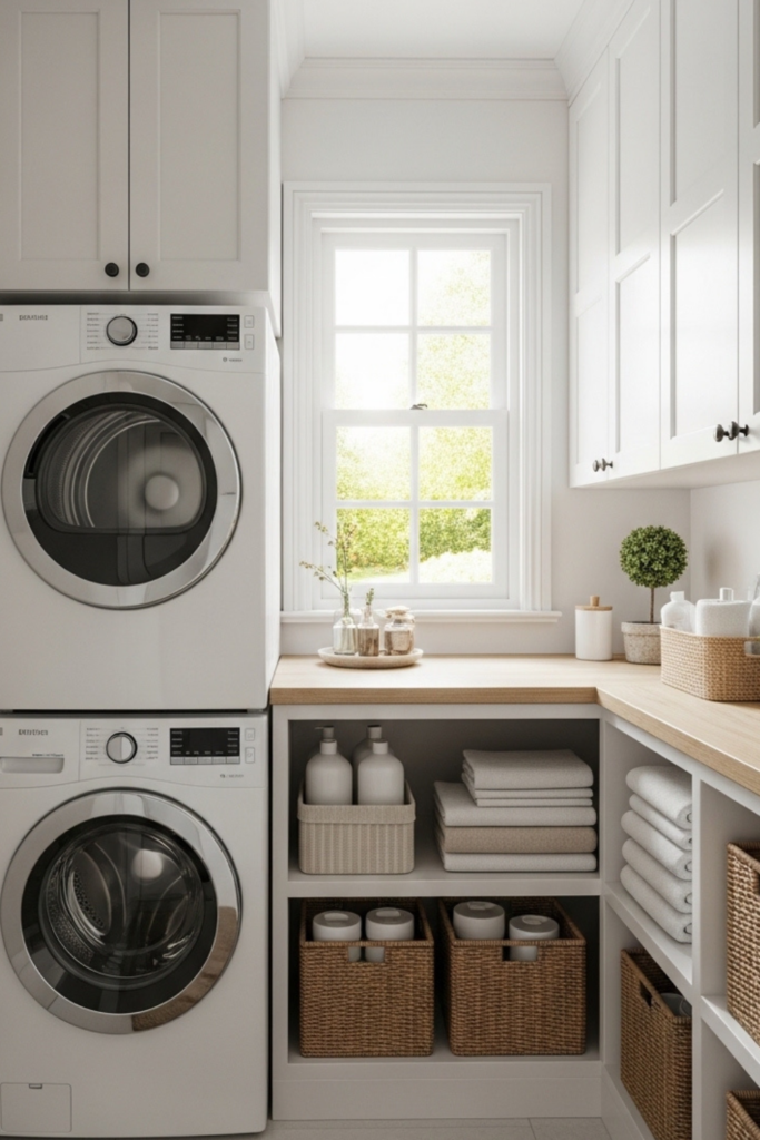 Small, organized laundry room with stacked washer and dryer, white cabinets, shelves with folded towels and baskets, and a countertop under a window.