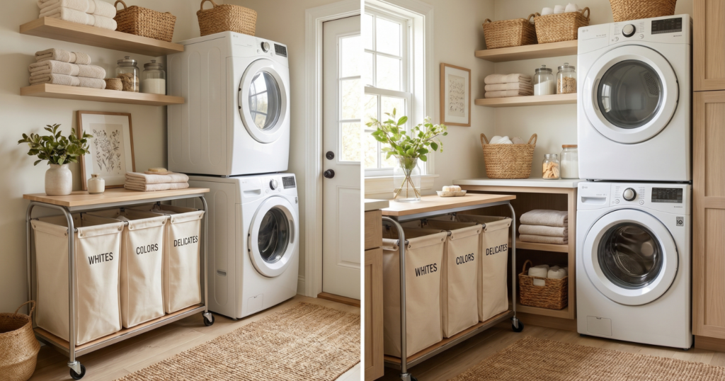 A small laundry room with a rolling laundry cart next to a washing machine and dryer, featuring organized laundry supplies and folded towels.