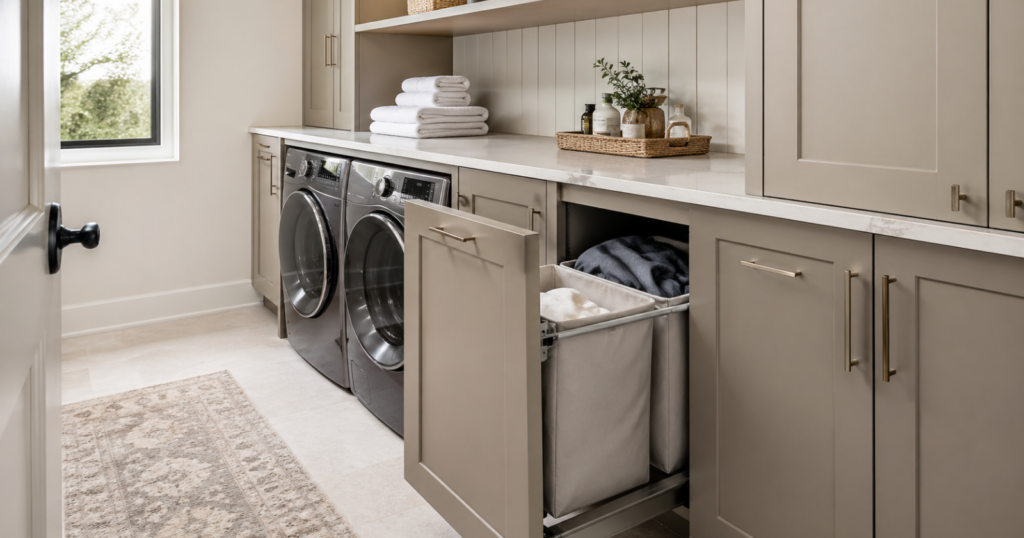 A small laundry room with slim pull-out hampers integrated into cabinetry, showing an organized and tidy space with laundry supplies and natural light.