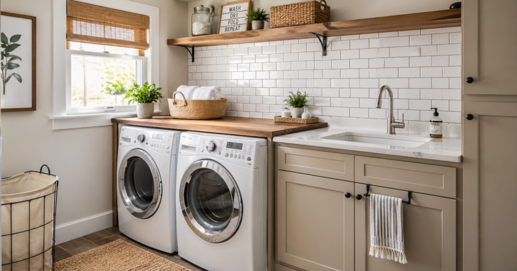 A person installing white peel-and-stick subway tile backsplash in a small laundry room with washer, dryer, and shelves.