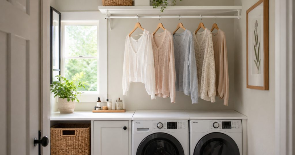 Small laundry room with a tension rod installed for air-drying delicate clothes hanging on wooden hangers.