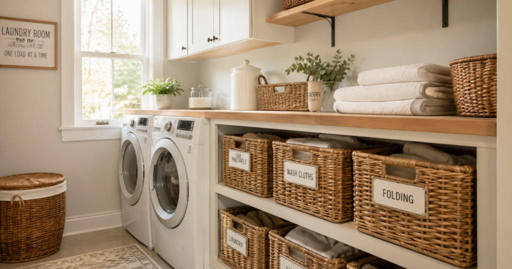 A small laundry room with wicker baskets on shelves, containing folded laundry and household items, next to modern laundry appliances.
