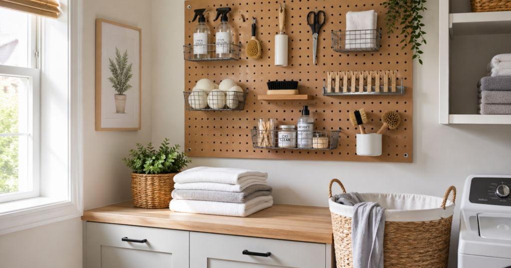 A small laundry room with a pegboard wall storage holding tools and supplies above a countertop with folded laundry and a laundry basket.