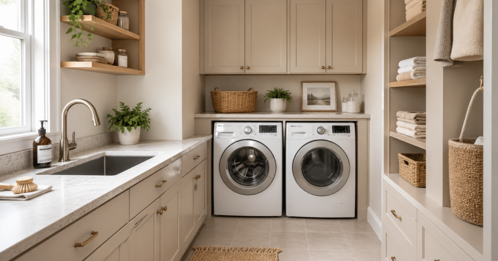 Small laundry room with light-colored painted cabinets, washer and dryer, and natural light coming through a window.