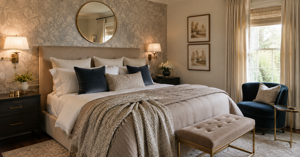 elegant classy bedroom interior, polished but realistic design, soft layered neutral bedding, velvet accents, warm bedside lighting, round mirror, framed wall art, subtle wallpaper accent wall behind the bed, textured throw blanket, full styled bedroom scene, warm natural light, calm upscale feel, cozy and livable, clean surfaces, soft beige, cream, taupe, muted blue, brass accents, balanced composition, realistic home decor photography,