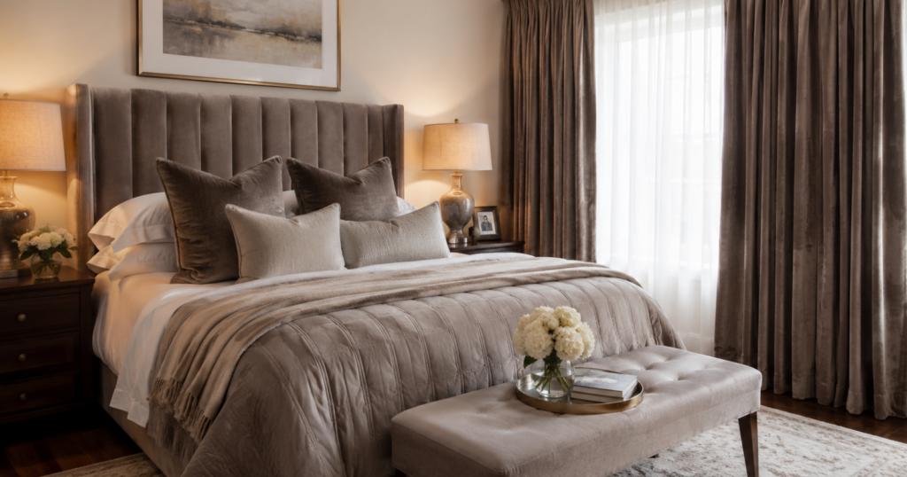classy bedroom with velvet accents, upholstered velvet headboard in soft neutral tone, velvet throw pillows, long velvet blackout curtains, layered neutral bedding, warm bedside lamps, polished but comfortable bedroom styling, cozy and upscale feel, realistic home interior photography, soft natural light