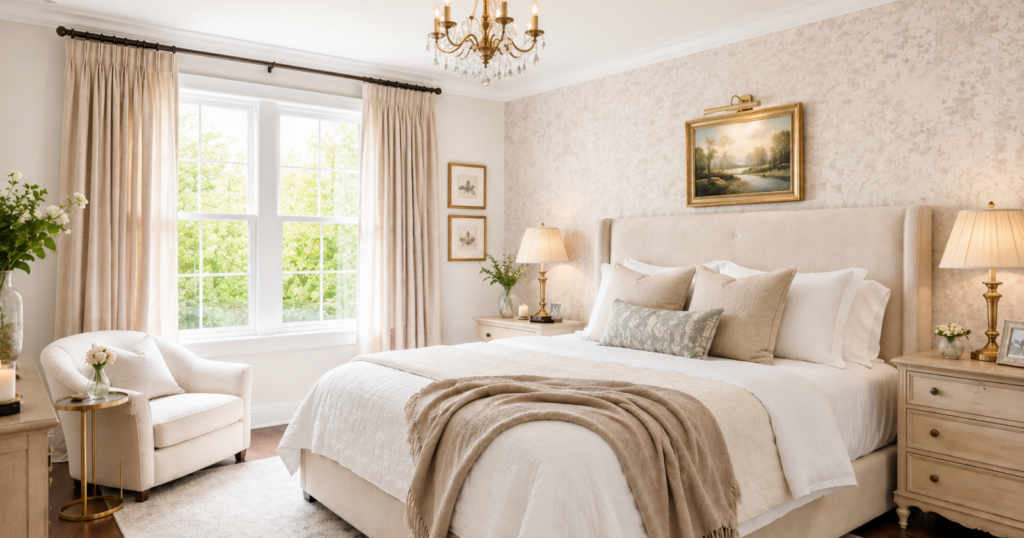 elegant bedroom with small vintage style chandelier, warm glowing ceiling light, soft neutral bedding, bedside lamps, cozy layered lighting, classy bedroom with charm and warmth, clean realistic styling, light wood and brass accents, calm evening mood, realistic interior photography, no people,