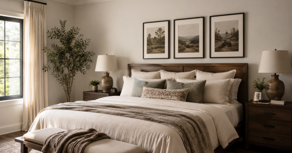 classy bedroom with framed wall art above the bed, coordinated art prints in matching frames, soft neutral bedding, warm wood furniture, simple and stylish decor, polished personal bedroom feel, realistic interior photography, soft natural light, no people,