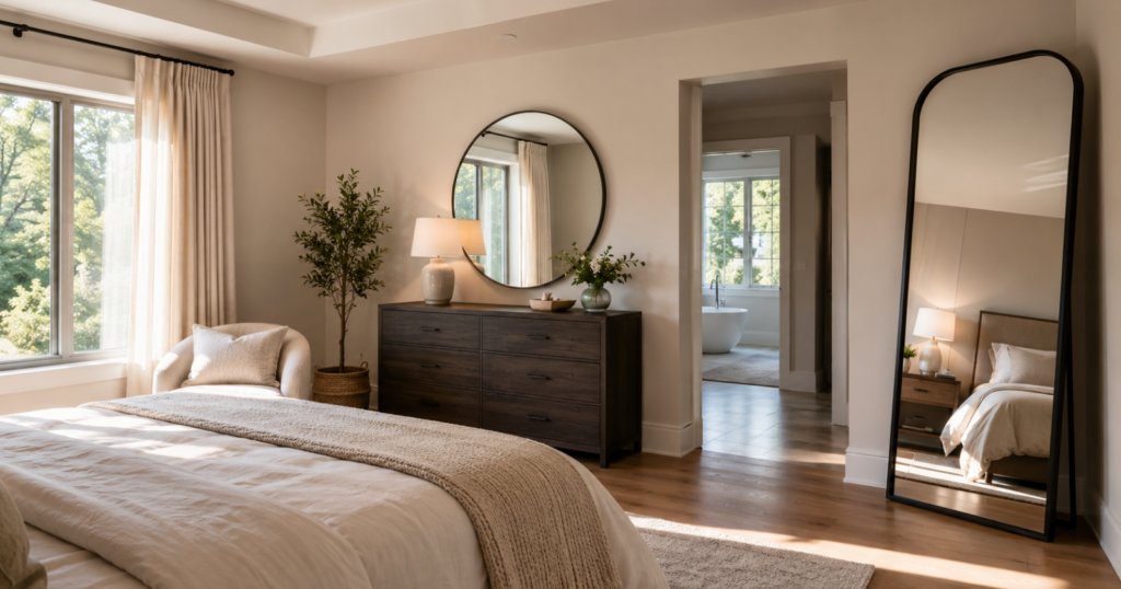 , stylish bedroom with full length floor mirror and round mirror above dresser, light reflecting across the room, soft neutral decor, polished and open bedroom feel, practical but elegant styling, realistic bedroom photography, warm natural light, no people,