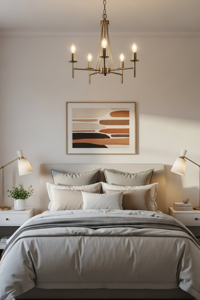 A cozy bedroom with a small chandelier as the focal point, warm soft lighting, neutral bedding, minimal decor, elegant but relaxed atmosphere. The chandelier is modest and renter-friendly, not oversized or flashy. Calm, classy bedroom styling.