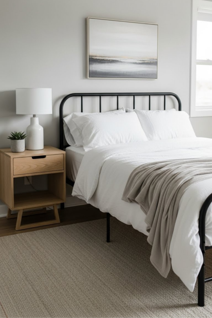 A minimalist bedroom with a simple metal bed frame, neutral bedding, a soft fleece throw, and a clean-lined nightstand with storage. Neutral color palette, uncluttered space, cozy yet modern feel, realistic budget-friendly decor, peaceful atmosphere.