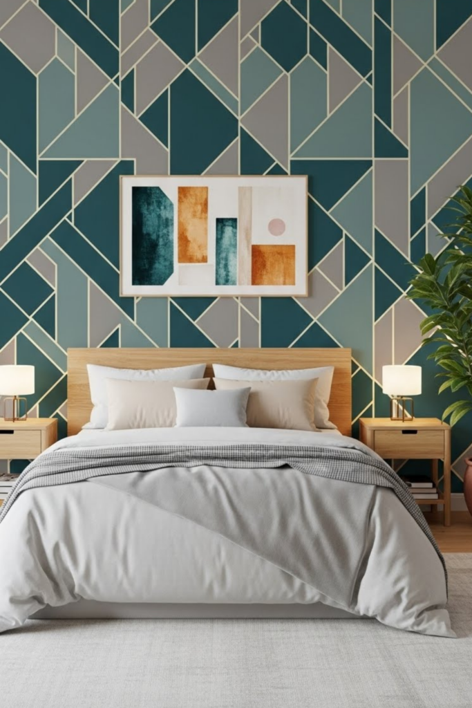 A bedroom with a bold patterned wallpaper accent wall behind the bed, paired with simple neutral bedding. The wallpaper is stylish but not overwhelming. Cozy lighting, modern decor, renter-friendly peel-and-stick wallpaper look, affordable bedroom refresh.