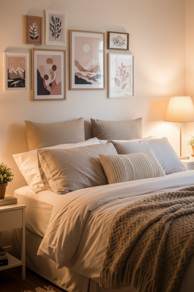 A bedroom featuring a small gallery wall with mixed frame styles above the bed, neutral bedding, warm lighting, and simple decor. Cozy, personal, lived-in feel with affordable art prints and a calm color palette.