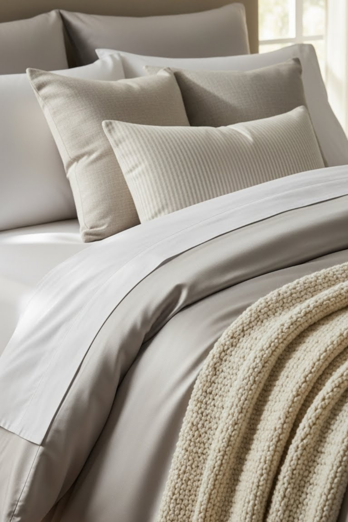 A close-up view of a neatly made bed with layered bedding: soft cotton sheets, a silky duvet cover, and a chunky knit throw blanket. Neutral tones, cozy textures, elegant but realistic bedroom styling, warm natural light.