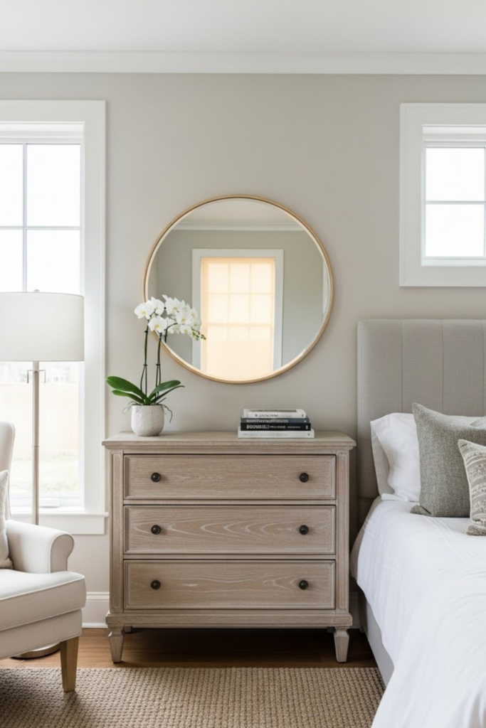 A bright bedroom with a round decorative mirror above a dresser, neutral decor, soft lighting, and a clean, elegant layout. The mirror reflects natural light, making the room feel larger and brighter. Affordable, classy bedroom design.