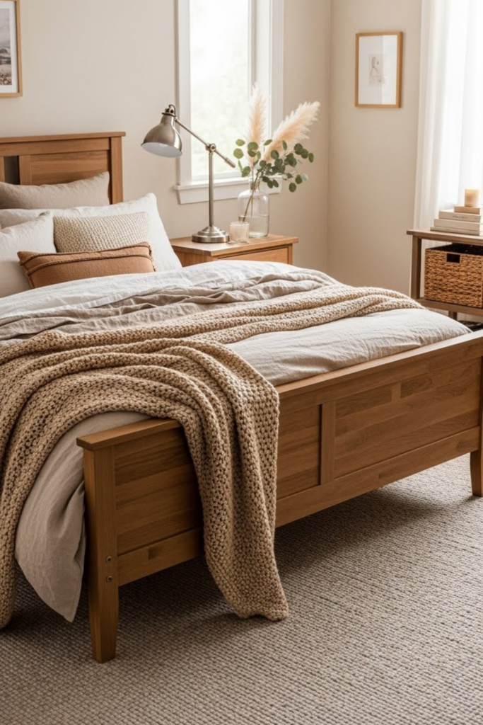 A cozy bedroom showcasing a mix of materials: a wooden bed frame, metal bedside lamps, soft fabric bedding, and a glass vase. Warm neutral tones, layered textures, realistic modern decor, inviting and stylish without feeling expensive.