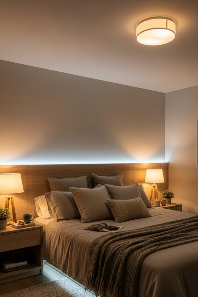 A bedroom with layered lighting including a soft overhead light, bedside lamps, and subtle accent lighting. Warm glow, cozy nighttime atmosphere, modern but relaxed style, realistic bedroom lighting setup.