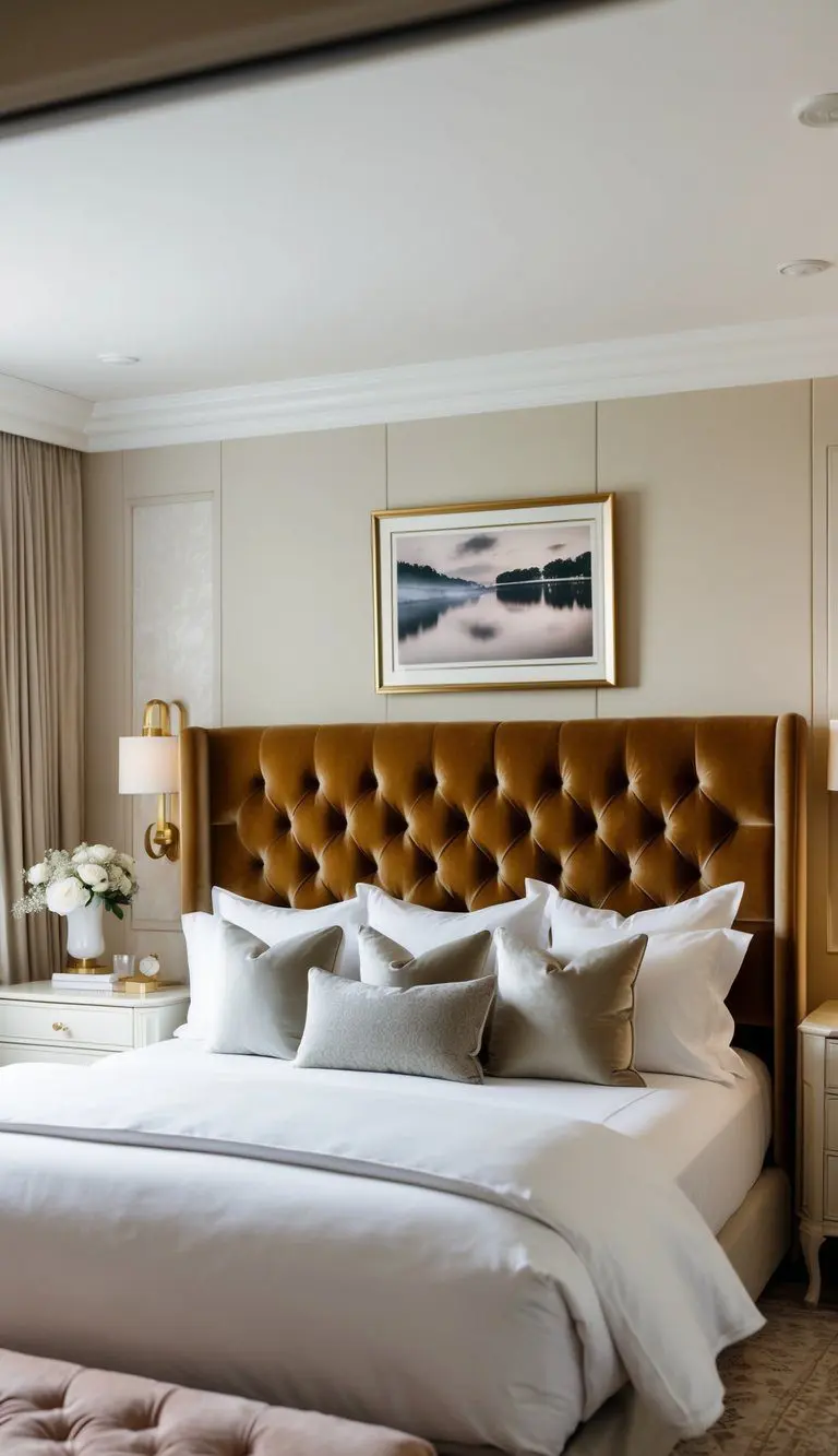 A luxurious bedroom with a velvet upholstered headboard as the focal point, surrounded by elegant decor and soft lighting