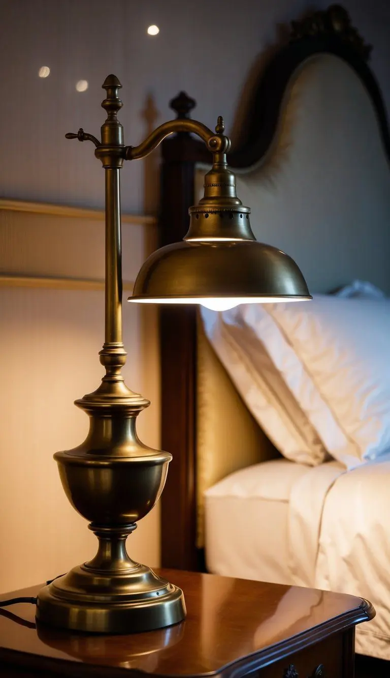An antique brass bedside lamp illuminates a classy bedroom, casting a warm glow over elegant furnishings and creating a cozy, inviting atmosphere
