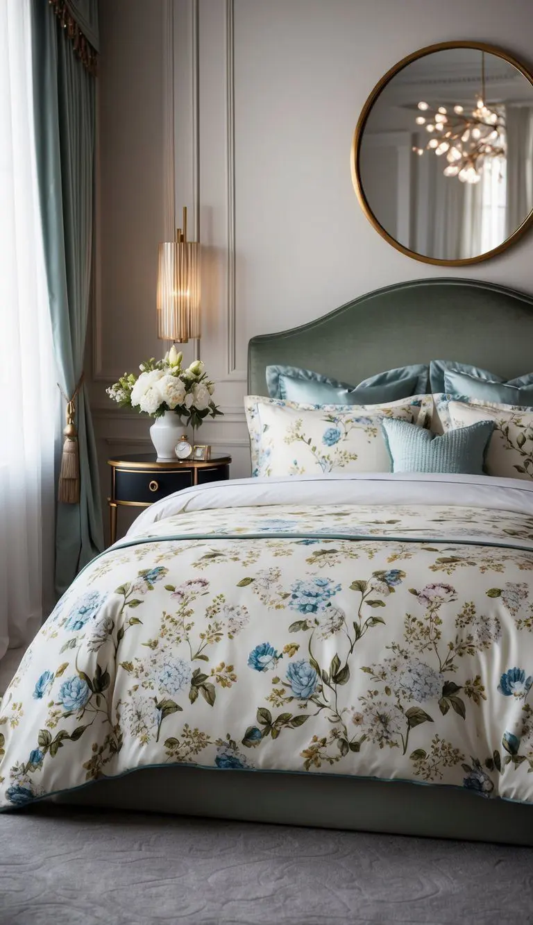 A luxurious bedroom with a floral patterned duvet cover, elegant decor, and soft lighting