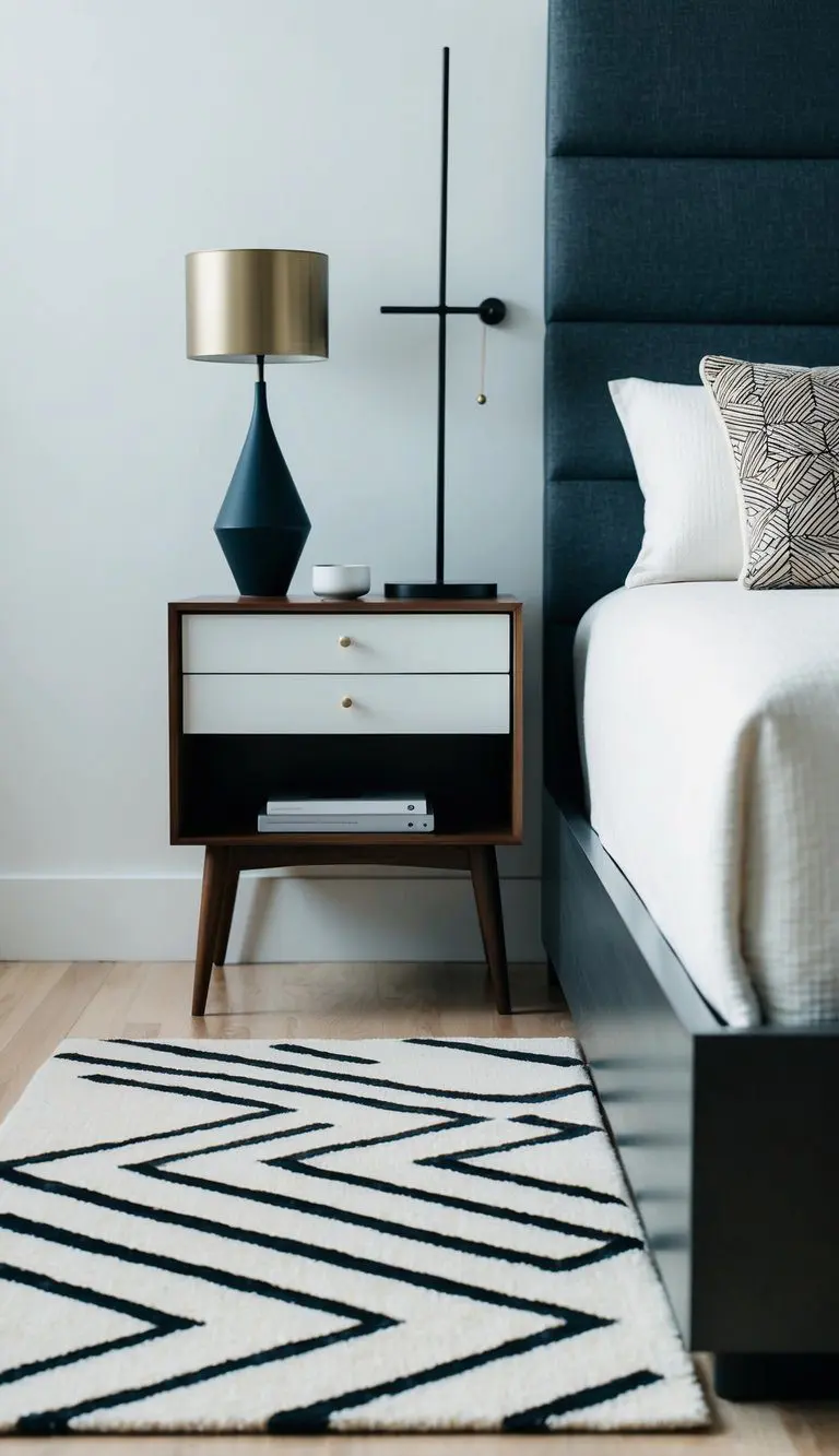 A sleek Mid-Century Modern nightstand sits beside a low platform bed with clean lines, accented by a geometric rug and minimalist decor