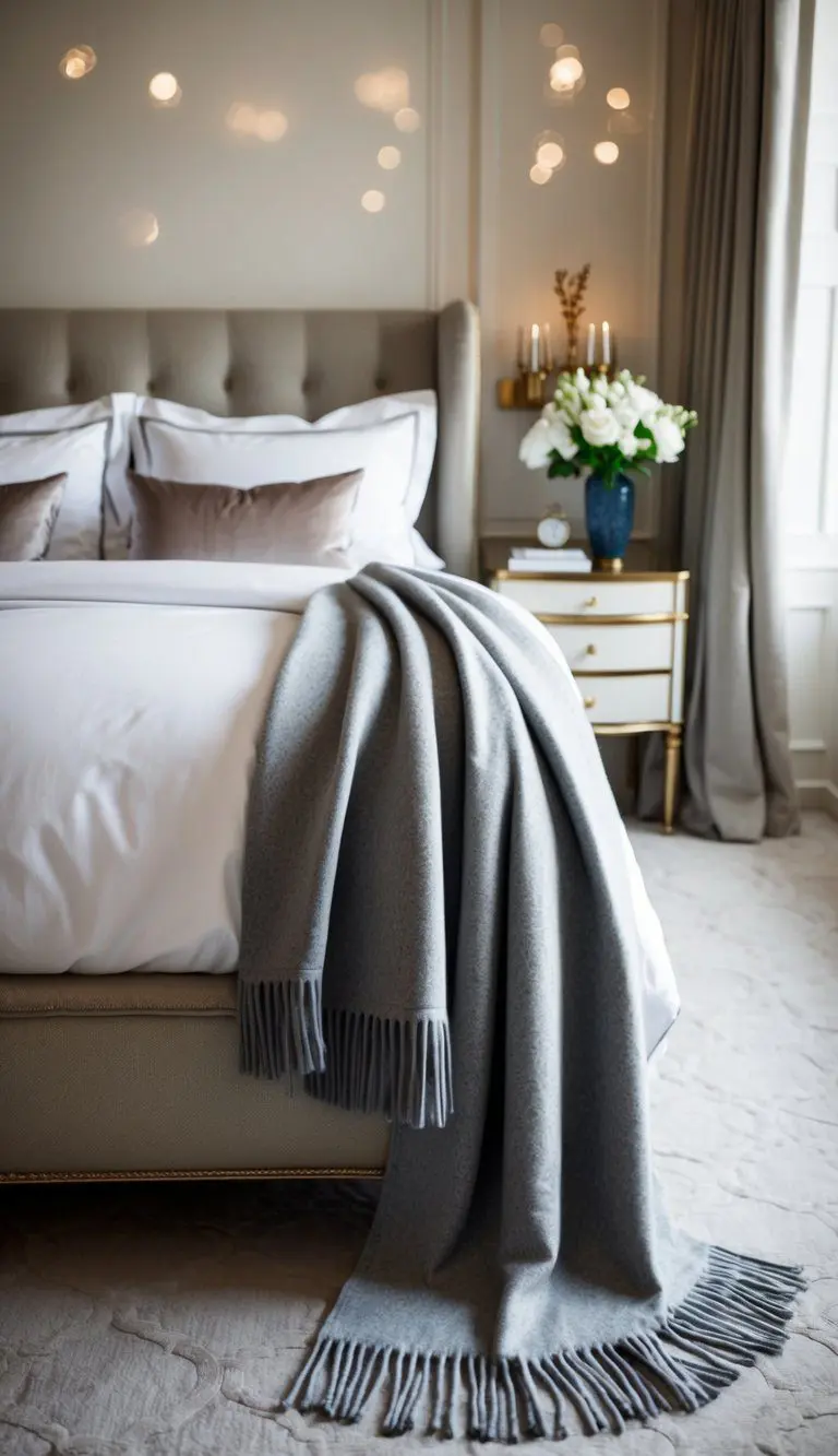A cozy cashmere throw blanket draped over a luxurious bed in an elegant bedroom setting