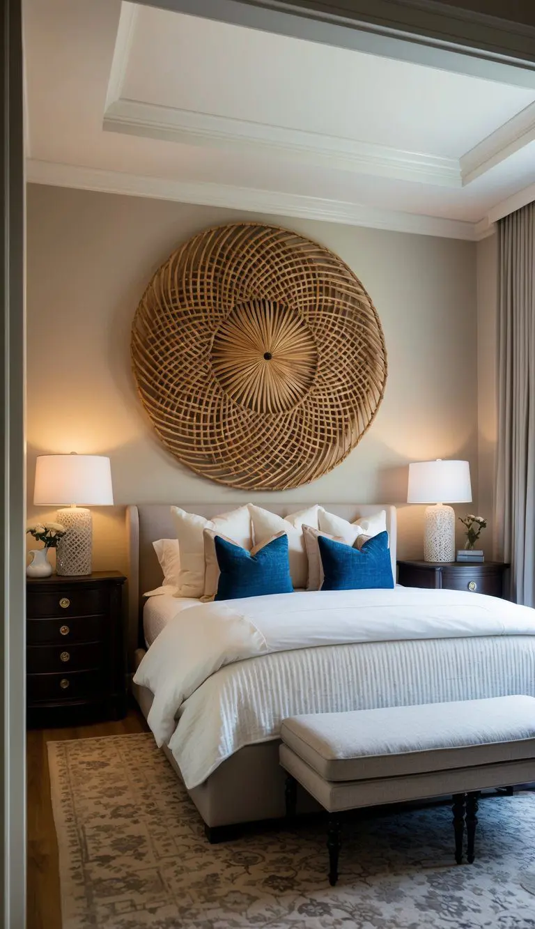 A cozy bedroom with a large decorative woven wall art piece as the focal point. Elegant furnishings and soft lighting create a classy and inviting atmosphere