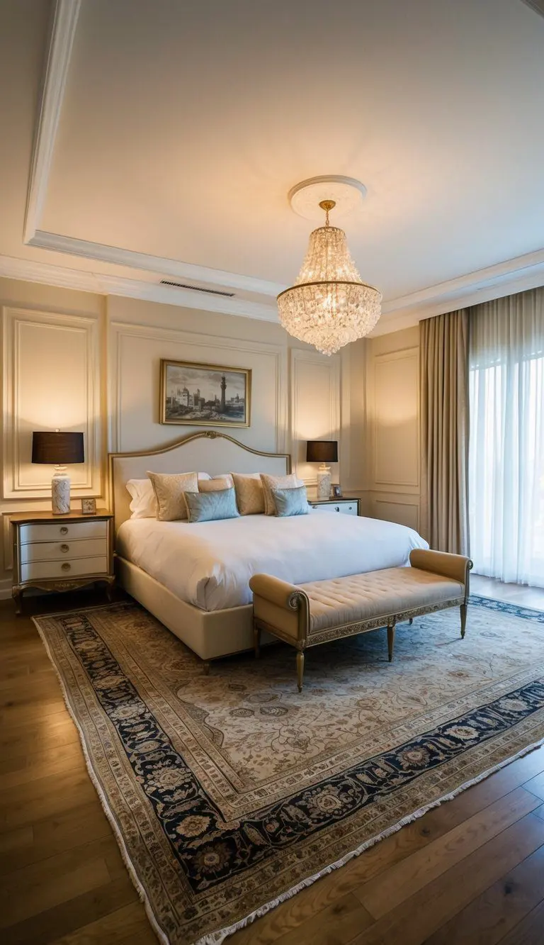 A vintage Persian area rug adorns a luxurious bedroom with elegant decor and soft lighting