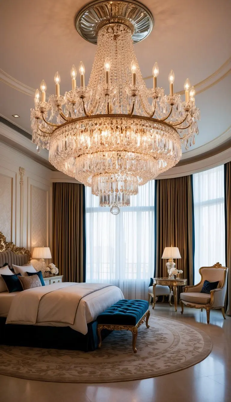 A grand crystal chandelier illuminates a luxurious bedroom with opulent decor and elegant furnishings