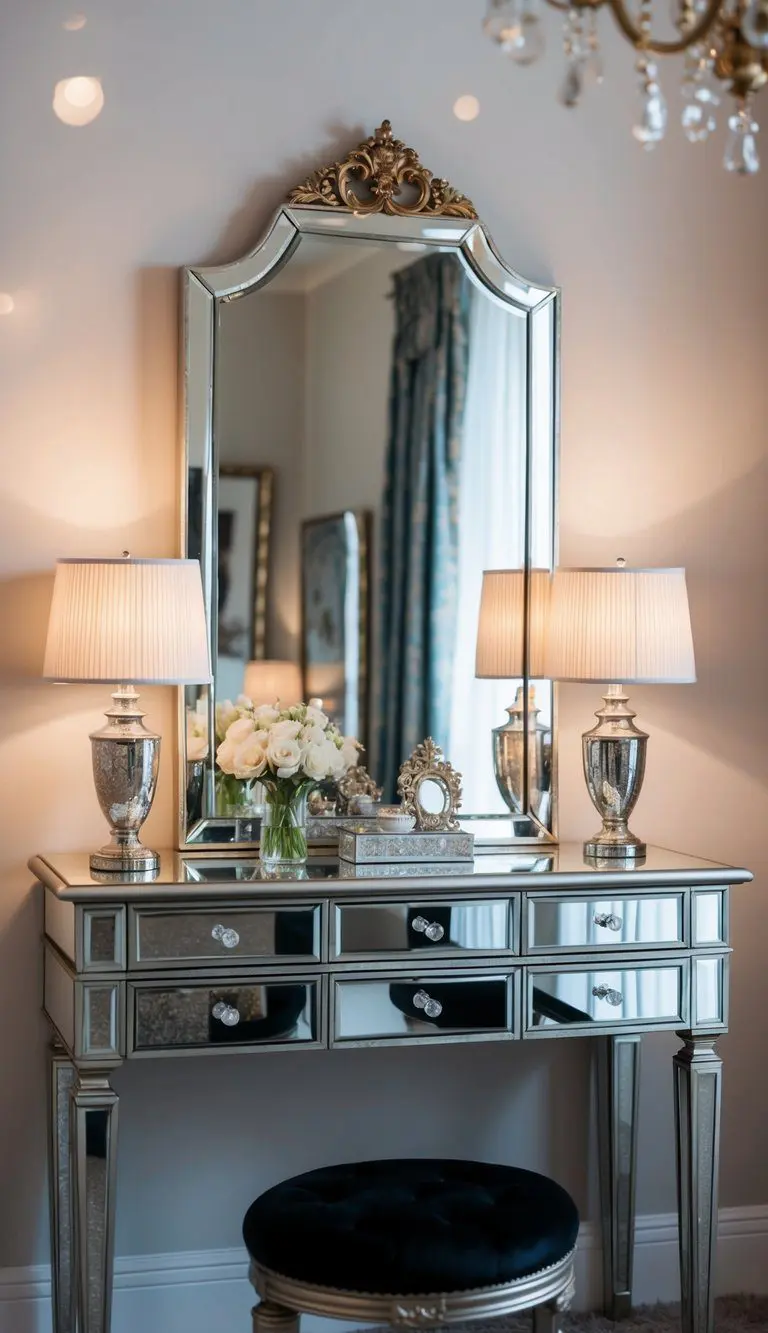 A mirrored dressing table adorned with elegant decor in a luxurious and sophisticated bedroom setting
