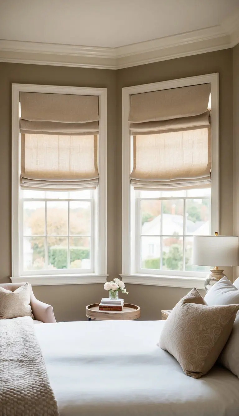 A cozy bedroom with custom linen Roman shades, soft lighting, and elegant decor
