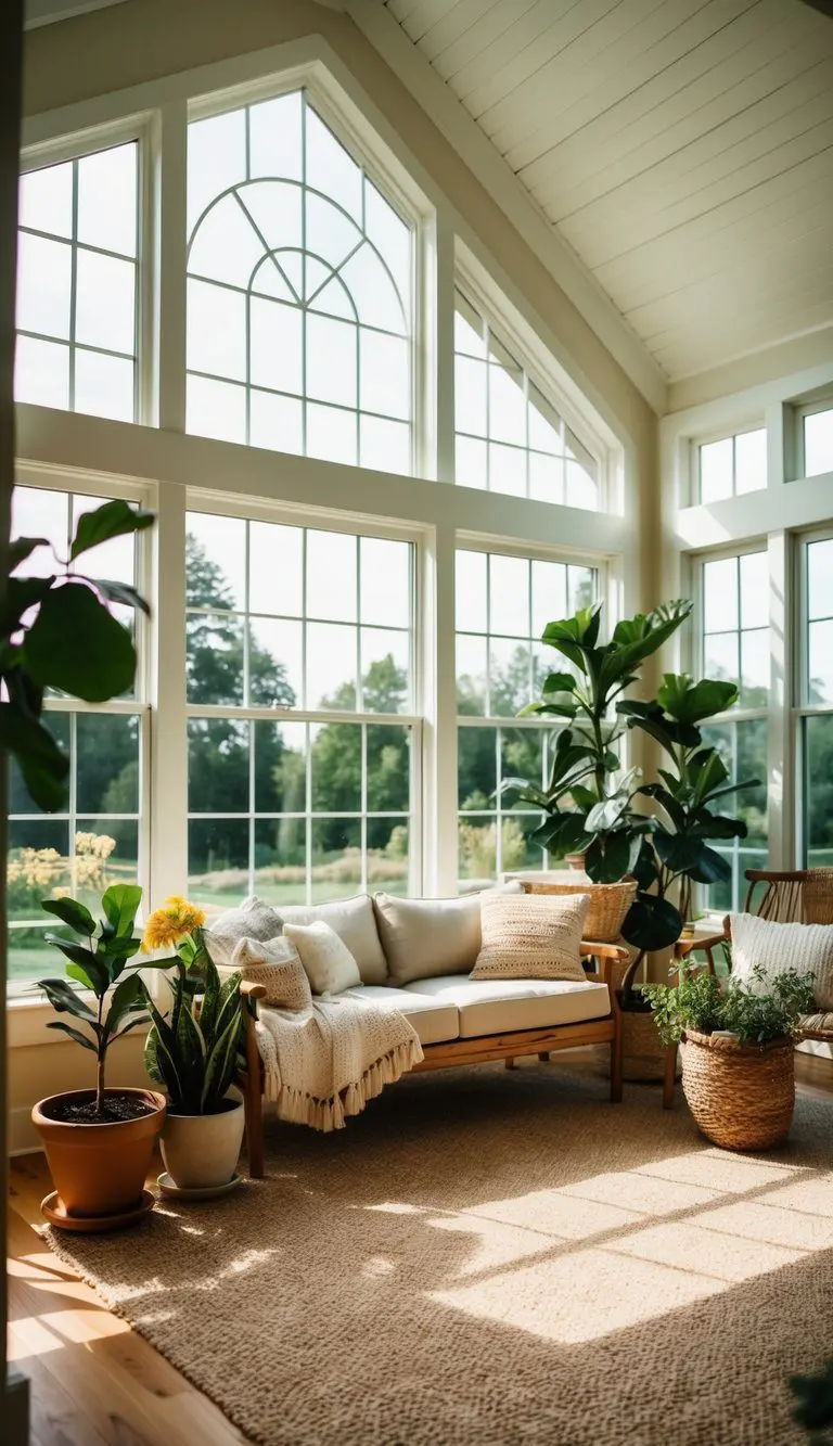 A sunroom with large windows, cozy seating, potted plants, and natural light streaming in
