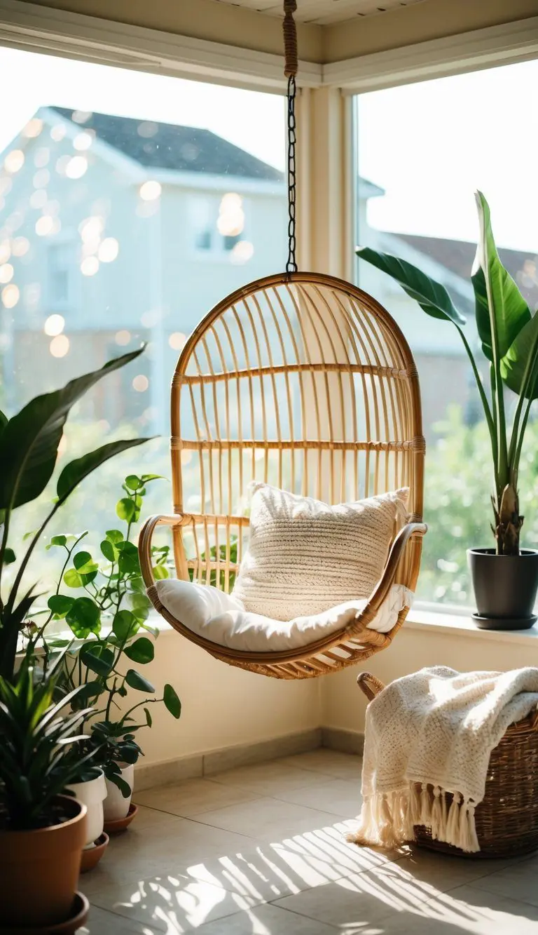A sunlit sunroom with a hanging rattan chair surrounded by potted plants and cozy blankets