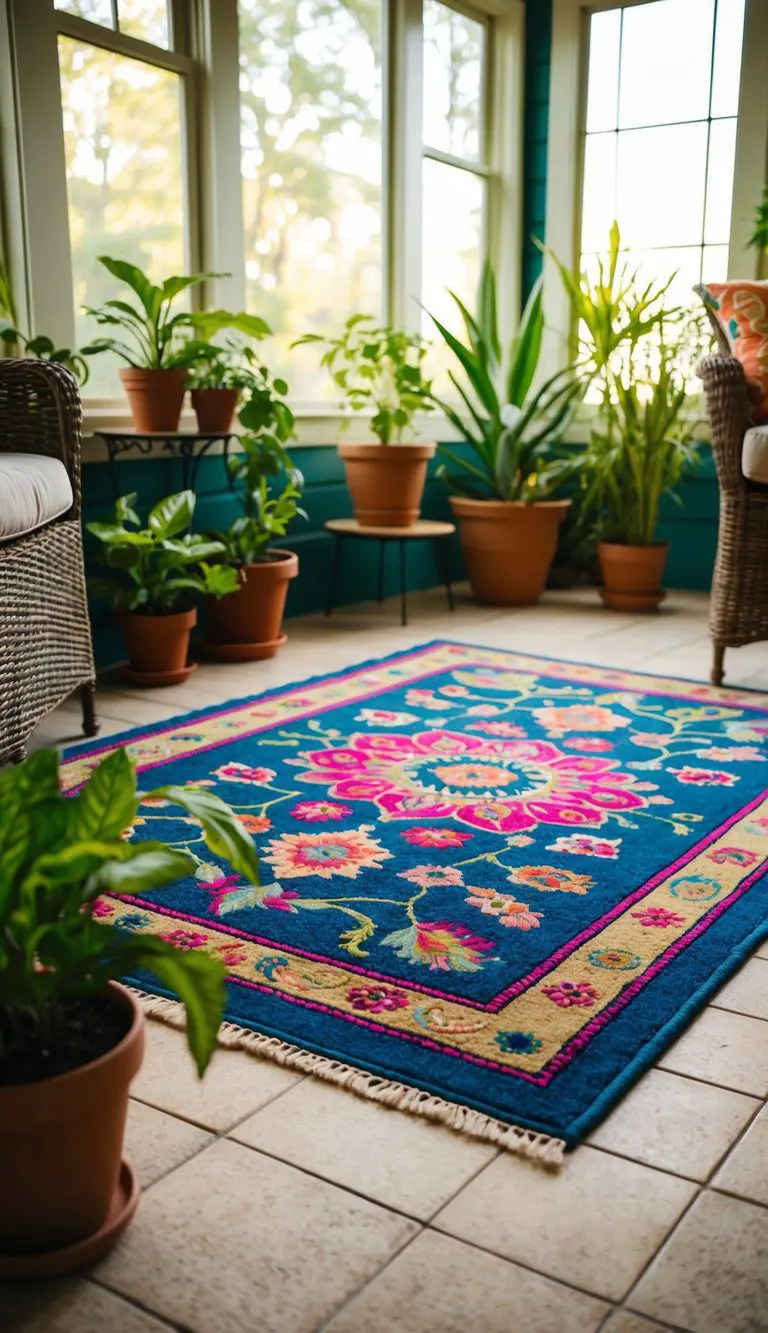A vibrant outdoor rug lies on a sunroom floor surrounded by potted plants and wicker furniture, with sunlight streaming through the windows