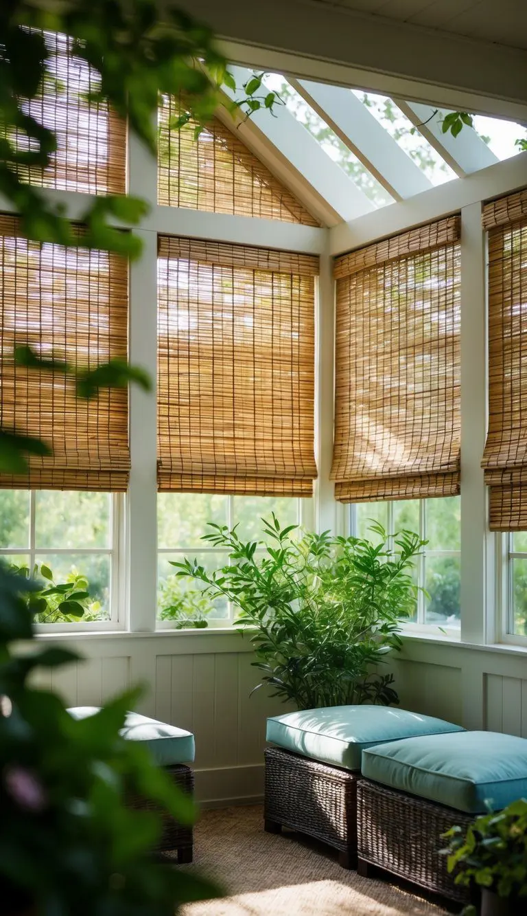 A sunroom with bamboo shades, filled with natural light and greenery, creating a peaceful and serene atmosphere