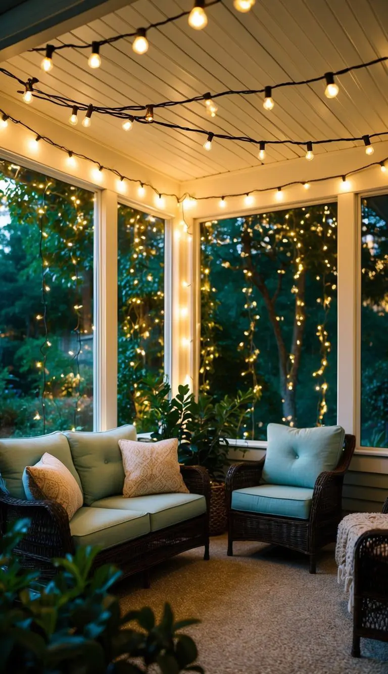 A sunroom adorned with string fairy lights, casting a warm and inviting glow over cozy seating and lush greenery