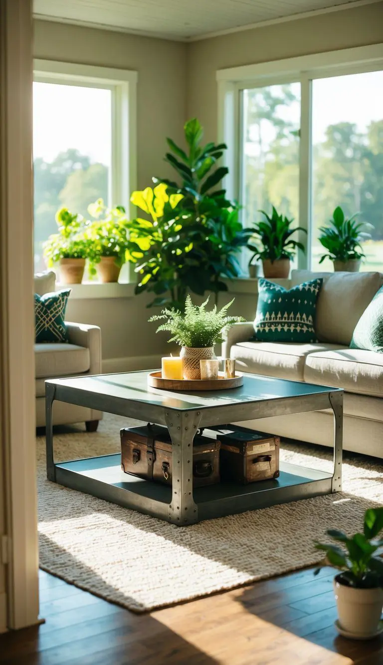 A sunlit sunroom with a large industrial coffee table surrounded by green plants and cozy seating