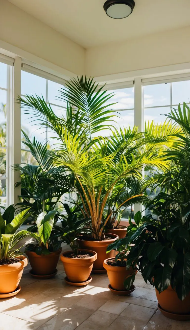 A sunlit sunroom filled with potted palm plants, creating a lush and serene indoor oasis